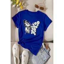 Kelebek Papatya Baskılı Süprem Saks Mavi T-shirt - Oversize Bisiklet Yaka Tişört Sax-280258