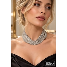 Kadın Gümüş Renkli Çok Sıralı Kristal Taşlı Gösterişli Kolye Abiye Ve Özel Davet Takısı Gümüş - 934807321 Gümüş