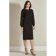 Taş Detaylı Siyah Örme Etek Siyah