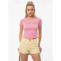 Park Karon 26025 Pamuk Desenli Crop Boy Bisiklet Yaka Örme Bluz Pembe 40