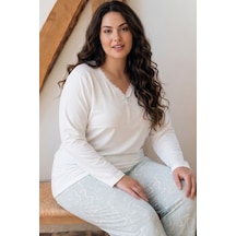 Siyah İnci Ekru Desenli Büyük Beden Battal Boy Viskon Örme Pijama Takım 26224836