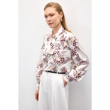 Sateen Fular Detaylı Desenli Bluz - Ekru-137046 Ekru