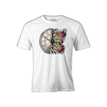 A Vintage Clock And A Colorful Butterfly Beyaz Erkek Tshirt 001