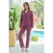 Remsa Kadın Desenli Önü Düğmeli Yumuşak Milan Kumaş Pijama Takımı 250364 Mürdüm01 Mürdüm01