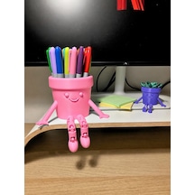 3d Baskı Hareketli Gülen Kalemlik - Eklemli Masaüstü Organizer - Pembe Çok Renkli