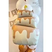 Retro Krem Pasta Folyo Balon Retro Mumlu 3 Katlı Pasta Balon 2 Yaş Mavi