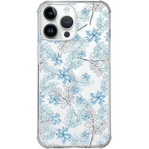 Apple Uyumlu iPhone 14 Pro Max Köşe Korumalı Antişok Kapak Floral Mavi Tasarımlı Şeffaf Kılıf