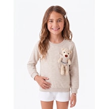 Onloox Kız Çocuk Bej Melanj Kız Çocuk Bej Melanj Pamuklu Bisiklet Yaka Regular Ayıcık Aksesuarlı Sweatshirt 1.5-4 Yaş