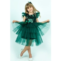 Yeşil Pullu Kız Çocuk Parti Elbisesi