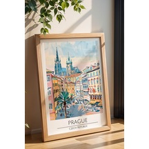 Çek Cumhuriyeti Prag Temalı Çerçeveli Tablo Travel Serisi Modern İllüstrasyon Duvar Dekoru Kayın
