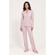 Gd Goldoremi Kadın Premium Gömlek Yaka Önden Düğmeli Regular Fit Çizgili Uzun Kollu Pijama Takım PEMBE