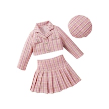 Açık Pembe Kızlar Sonbahar 3 Parça Kıyafetler 4y 5y 6y 7y Uzun Kollu Düğme Ceket Pilili Ekose Etek Şapka Seti Açık Pembe
