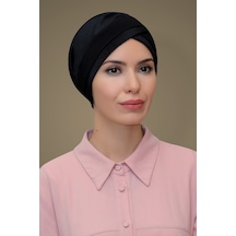 Hürrem Bone Siyah Pratik Hazır Geçmeli Tesettür Bone Fukuro Piliseli Tek Bant Siyah