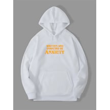 Harmandar 3 İplik Anksiyete Baskılı Beyaz Kanguru Cepli Kapüşonlu Sweatshirt Hoodie Anksiyetebeyazsweat