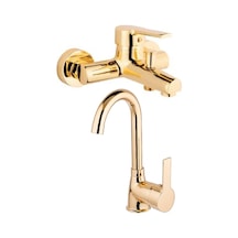 2 Li Set Kaliteli Gold Renk Lüx Gövde Banyo Ve Banyo Lavabo Musluğu Bataryası Altın