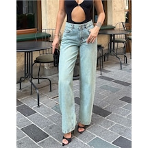 Kene Jeans Kadın Tintli Çift Düğme Yıkamalı Bol Paça Kot Pantolon Yeşil