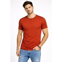 Barlashive Erkek Flam Kumaş Melanj Dokulu Regular Fit Tişört Bisiklet Yaka Yazlık T-shirt - Kiremit Çok Renkli