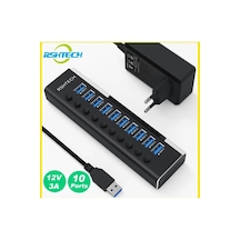 Alüminyum 5 Gbps 10 Port Usb 3.0 Data Hub 12w 3a Power Adaptör Çevirici Dönüştürücü 10 Girişli