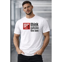 Herkesemoda Think Outside Yazı Detaylı Basic T-shirt Beyaz