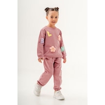 Magu Kız Çocuk Blom Pembe Kabartma Çiçek Pamuklu Sweatshirt Eşofman Alt-üst Takım Pembe