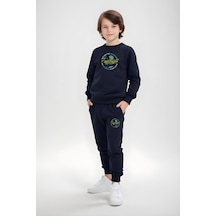 Yuvarlak Yaka Football Baskılı Erkek Çocuk Eşofman Takımı Lacivert