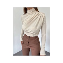 Unika Boutique Kadın Kahverengi Dik Yaka Omuz Ve Bel Büzgülü Uzun Kollu Bluz Bej