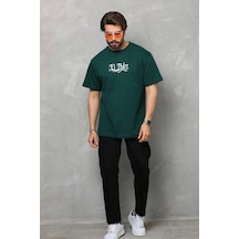 Unisex Bisiklet Yaka Baskılı Oversize T-shirt - Yeşil