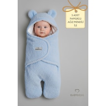 Babyden's 0-12 Ay Welsoft Peluş Bebek Dış Kundak Uyku Tulumu Ayıcık Kulaklı İçi %100 Pamuk Astarlı Battaniye Mavi
