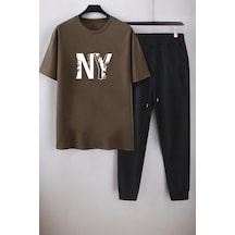 Uyguntarz Unisex New York Baskılı Eşofman Takımı Kahverengi
