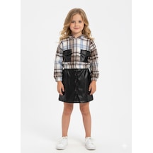 Kız Çocuk Kapüşonlu Ekose Oduncu Sweatshirt Deri Etekli Takım Mavi Kız Çocuk Kapüşonlu Ekose Oduncu Sweatshirt Deri Etekli Takım Mavi