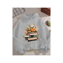 Herkesemoda Kitap Ve Çiçek Baskı Detaylı İçi Polarlı Kapüşonlu Sweatshirt Gri