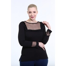 Myline Önü ve Kolları Tül Detaylı Bluz Siyah