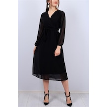 Neşeli Butik Kadın Siyah Kuşaklı Kruvaze Midi Şifon Elbise Nb2023 Siyah