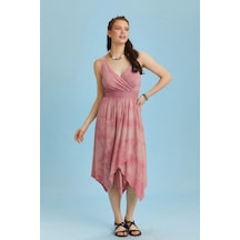 Kruvaze Yaka Etek Katlı Bohem Şık Batik Elbise 001