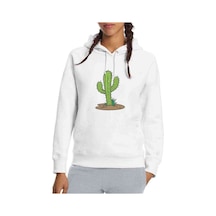 Kaktüs Cactus Baskılı Beyaz Kadın Kapşonlu Sweatshirt