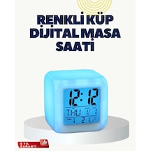 Mey İthalat Termometre Ve Takvim Özellikli 7 Renk Değiştiren Küp Alarm Saati Beyaz