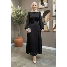 Hb Harma Time Butik Kadın İnci Detaylı Kuşaklı Siyah Saten Elbise