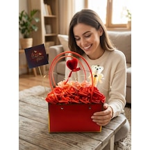Işıklı Gül Aranjmanı I Love You Yazılı Kalpli Çanta Dolusu Güller Ayıcıklı Romantik Sevgili Hediyesi Led Işıklı Dekoratif Çiçek Gül Kırmızı + Pembe