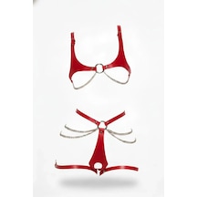 İkikareshop Kırmızı Harness Takım Deri Zincir Detaylı Vücut Aksesuarı - Brf1384 Çok Renkli