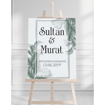 Söz Nişan Düğün İçin 50x70 Karşılama Panosu - Yeşil Yaprak Desenli Beyaz