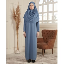 Kol Detaylı Namaz Elbisesi Tek Parça Kendiliğinden Başörtülü İndigo