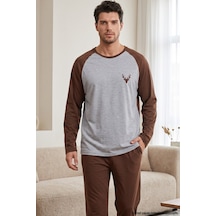 Siyah İnci Nakışlı Pamuklu Likralı Örme Pijama Takım 26241802 Kahverengi
