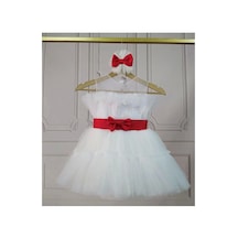 Kız Çocuk Beyaz Şeffaf Üst Ön Fiyonk Detaylı Kırmızı Kemerli Kabarık Elbise
