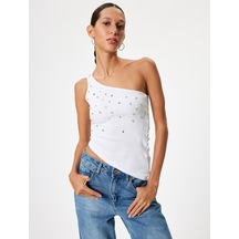 Koton Tek Omuz Atlet Kolsuz Taş İşlemeli Asimetrik Kesim Slim Fit Ekru 4sal30363ık Ekru
