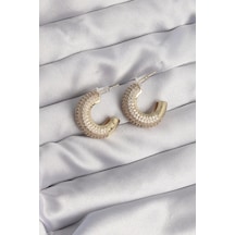 Pirinç Gold Renk Zirkon Taşlı Yarım Halka Küpe Çok Renkli