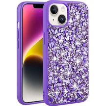 Apple Uyumlu iPhone 13 Parlak Taşlı Tasarım Uzrm Linea Kılıf-mor Mor