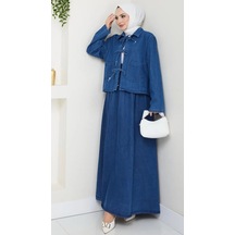 Tesettür Kadın Fiyonklu Etekli Kot Takım Koyu Mavi