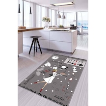 Gri Kaymaz Tabanlı Yıkanan Aşçı Desenli Mutfak Halısı Ar907n11
