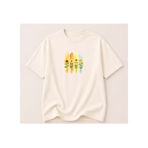 Herkesemoda Ayçiçek Demeti Baskılı Kadın Bisiklet Yaka Pamuklu T-shirt Krem