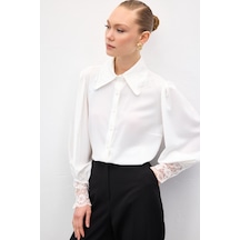 Sateen Dantel Manşetli Gömlek - Ekru-137049 ekru